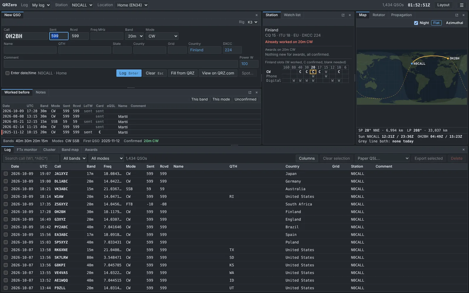 The QRZero main window: entry panel, worked-before list, station panel, map and log grid