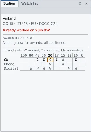 Station pane showing a new DXCC