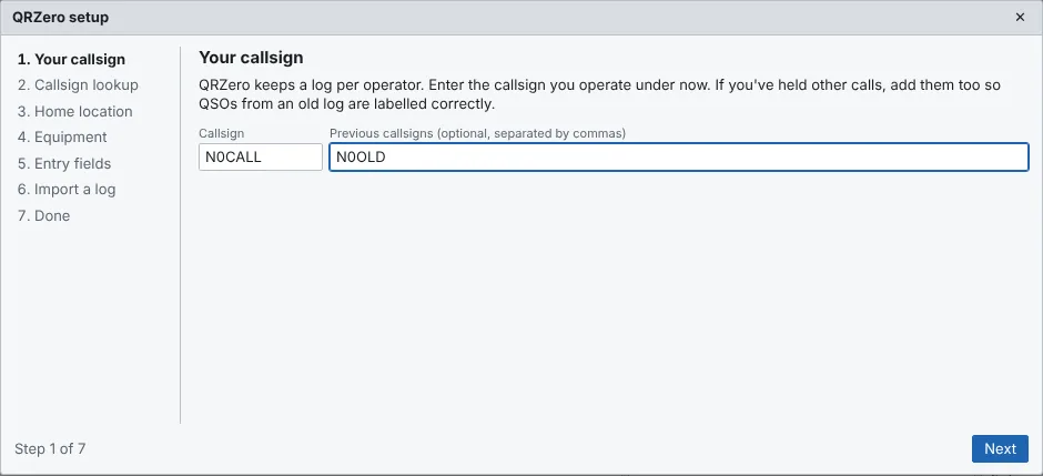 Setup wizard callsign step